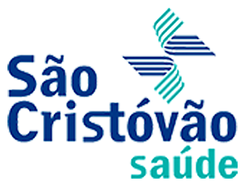 Logo da São Cristóvão Saúde em azul e verde, com símbolo abstrato acima do nome.
