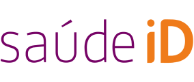 Logotipo do Saúde iD em texto roxo e laranja sobre fundo branco