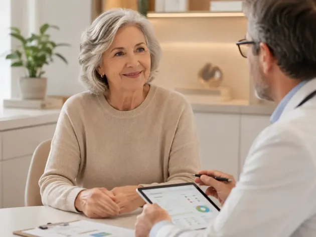 Duas pessoas discutindo uma ficha médica em um consultório bem iluminado.