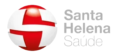 Logotipo da Santa Helena Saúde com ícone de globo terrestre vermelho e branco e texto cinza.