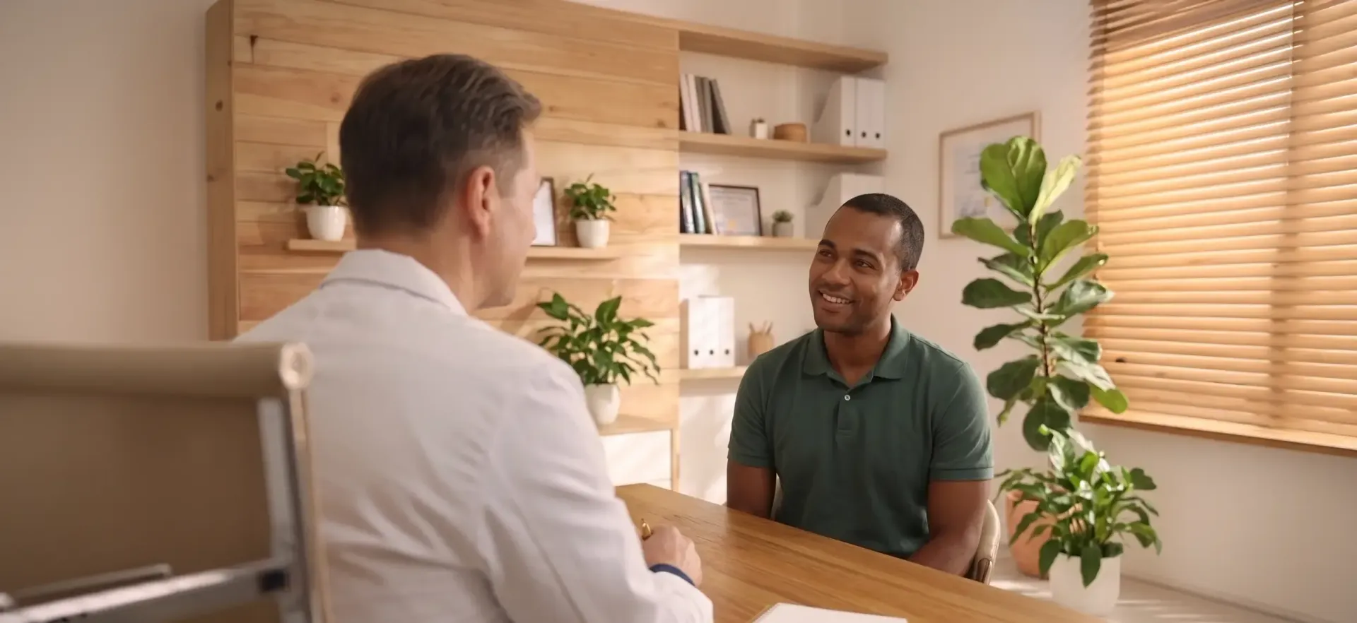 Duas pessoas conversando em frente a uma mesa de madeira em um escritório iluminado e repleto de plantas.
