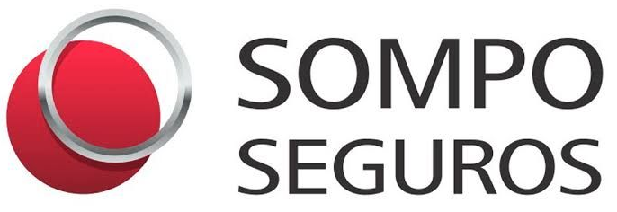 Logotipo da Sompo Seguros com emblema circular vermelho e texto preto sobre fundo branco.