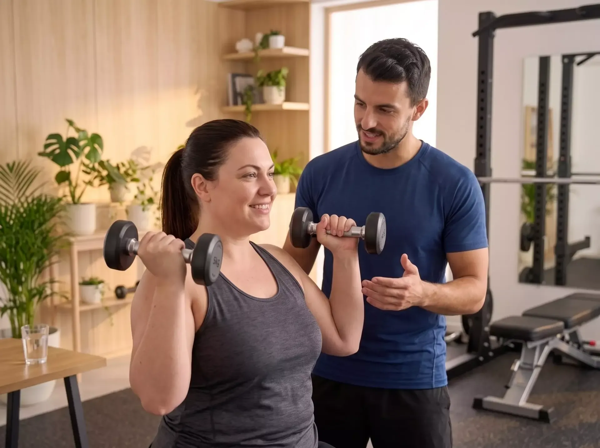 Instrutor orientando mulher levantando halteres em um estúdio de ginástica.