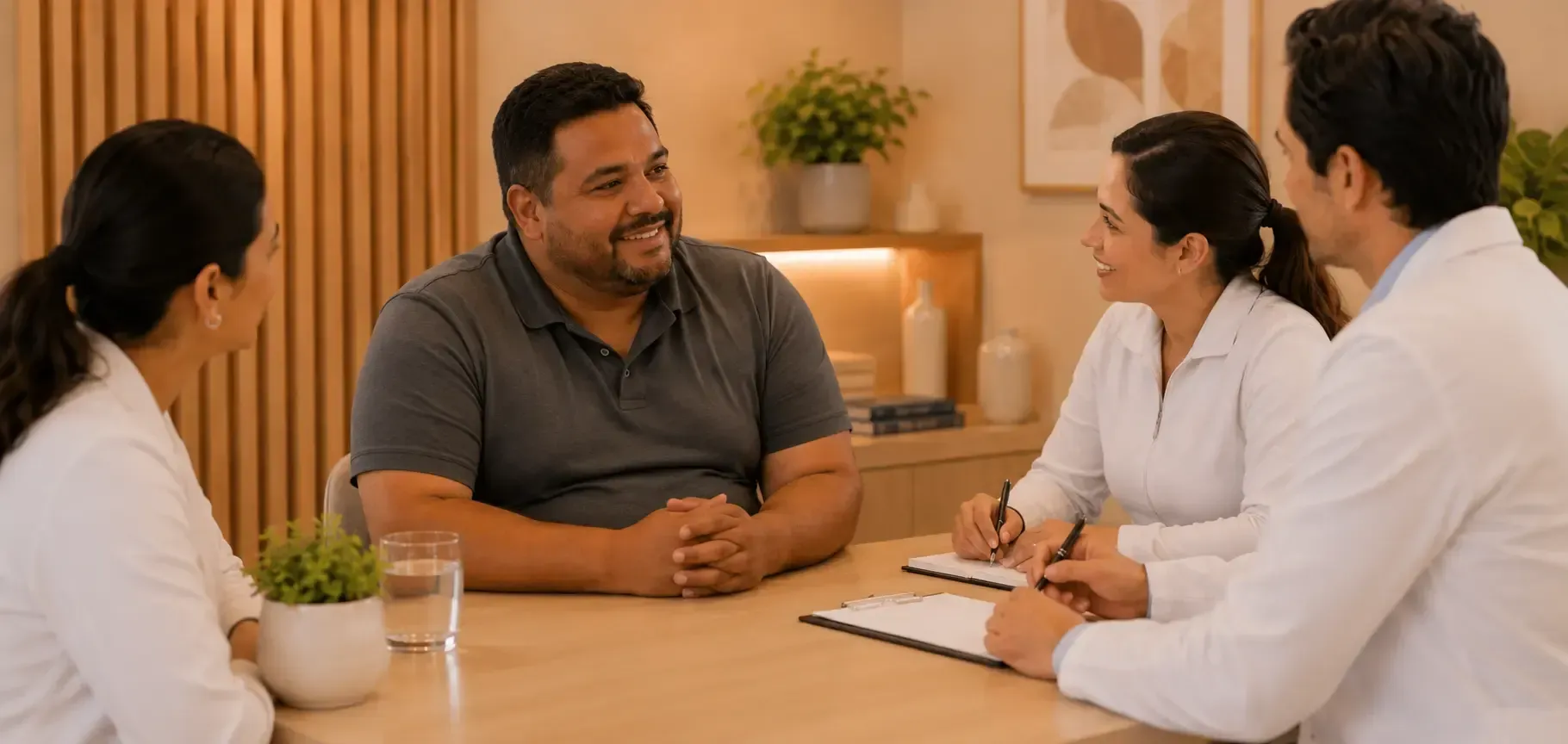 Paciente conversando com um profissional de saúde do outro lado de uma mesa em uma sala de clínica.