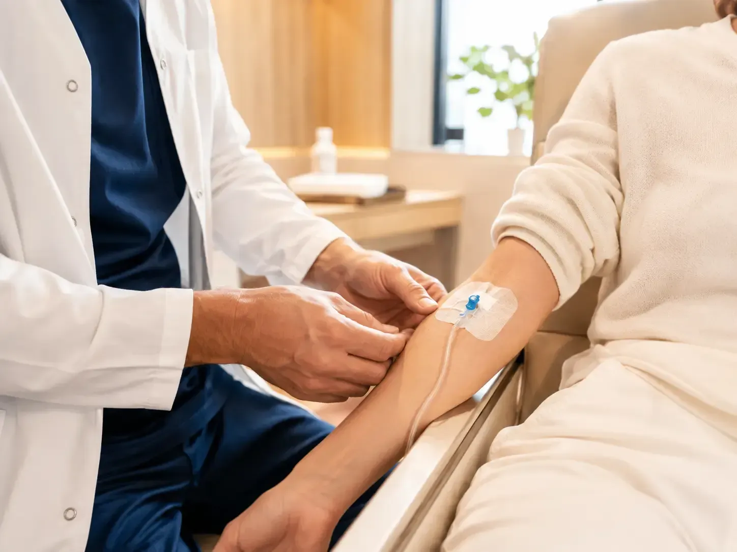 Profissional de saúde ajustando um cateter intravenoso em um paciente sentado em uma maca.