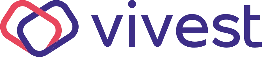 Logotipo da Vivest com formas arredondadas entrelaçadas em vermelho, rosa e roxo e marca denominativa azul.