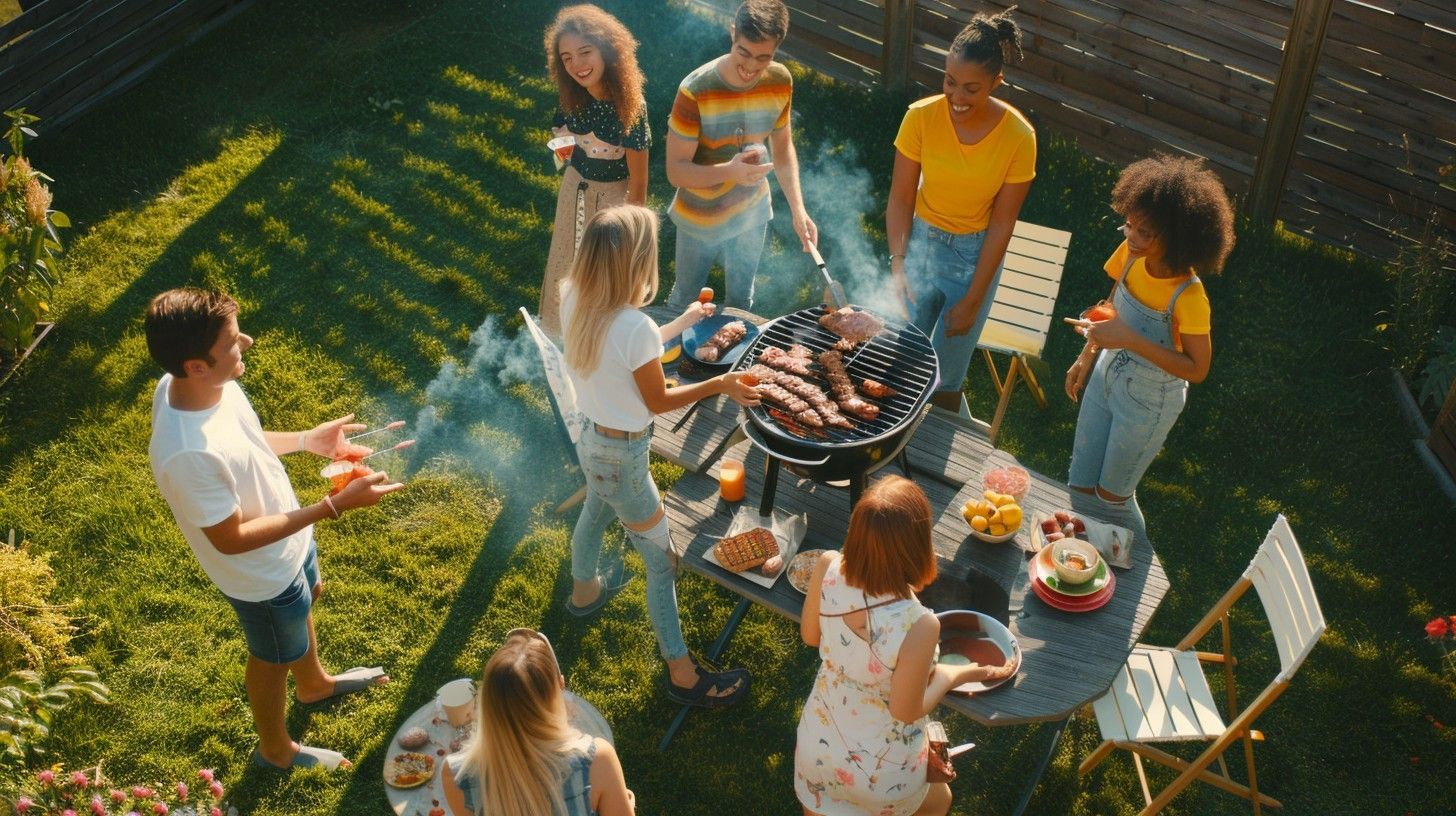 People gathered around a backyard grill, cooking and chatting on a sunny lawn.