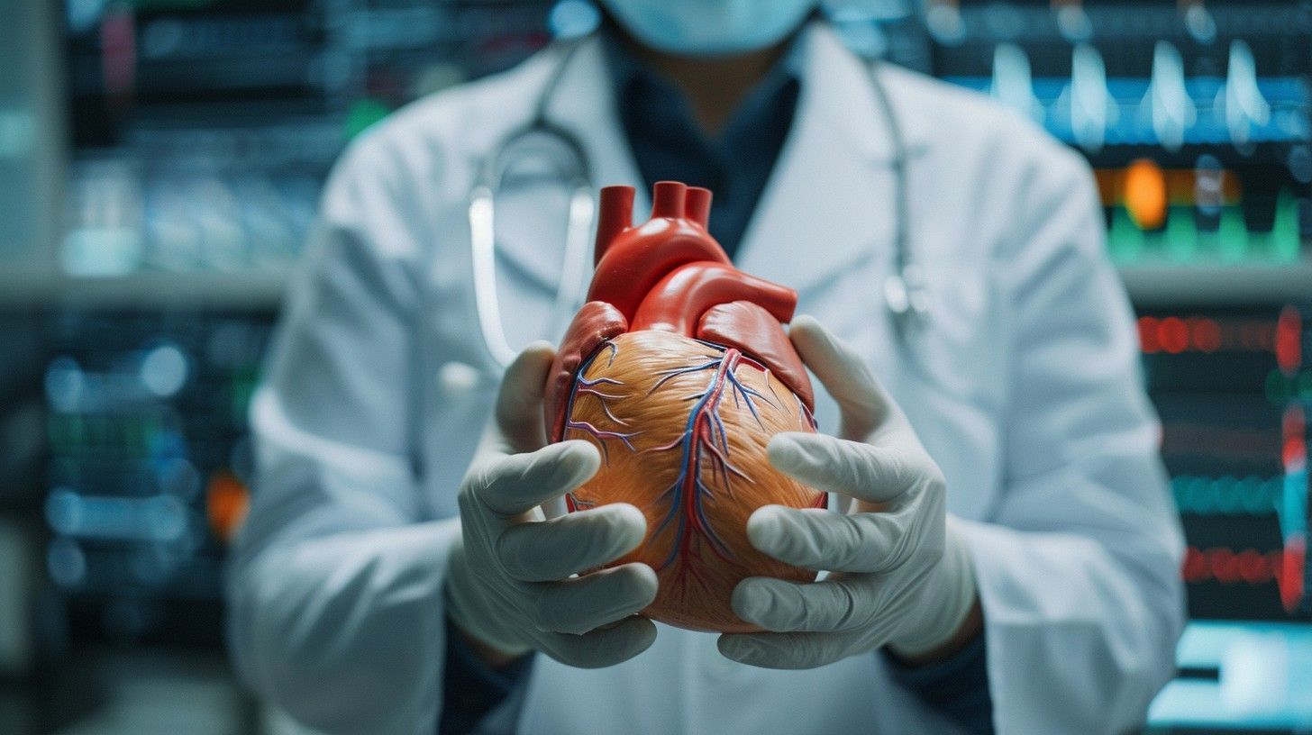 Gloved clinician holding a realistic human heart model in a medical lab