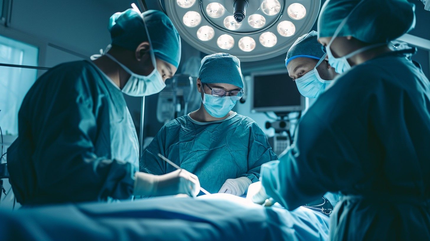 Surgeons in blue scrubs performing an operation under bright surgical lights