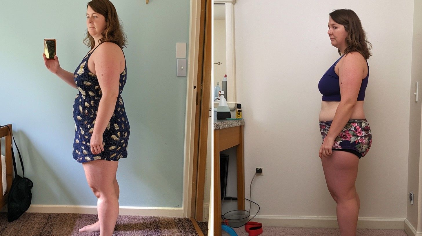Side-by-side mirror photos of a person standing in profile, wearing a blue dress and floral shorts, holding a phone.