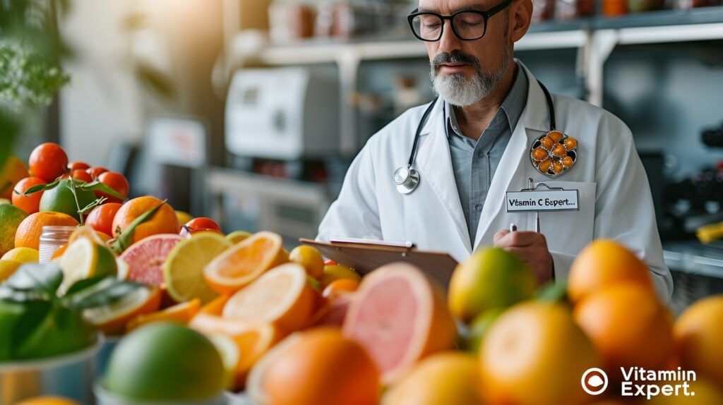 Médico de jaleco branco examinando frutas cítricas coloridas sobre uma mesa em um laboratório bem iluminado.