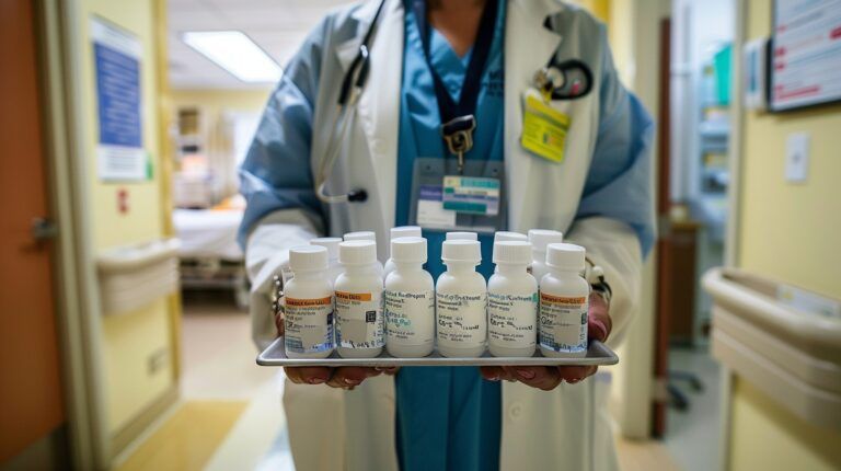 Profissional de saúde segurando uma bandeja com frascos de medicamentos em um corredor de hospital.
