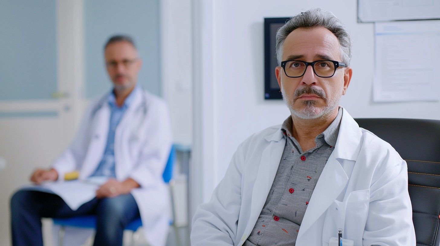Two doctors in white lab coats seated in a clinic, one in focus in the foreground.