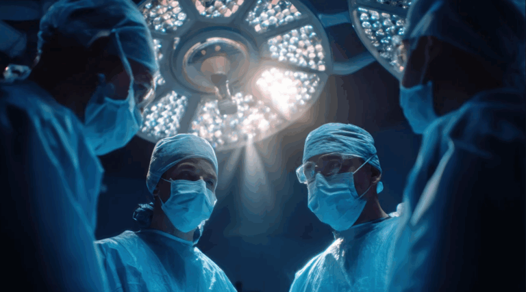 Três cirurgiões de roupas e máscaras cirúrgicas azuis, parados sob a luz de uma sala de cirurgia.