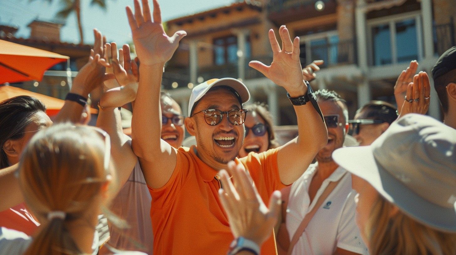 Crowd celebrating outdoors, people in orange shirts raising their hands in a sunny street scene