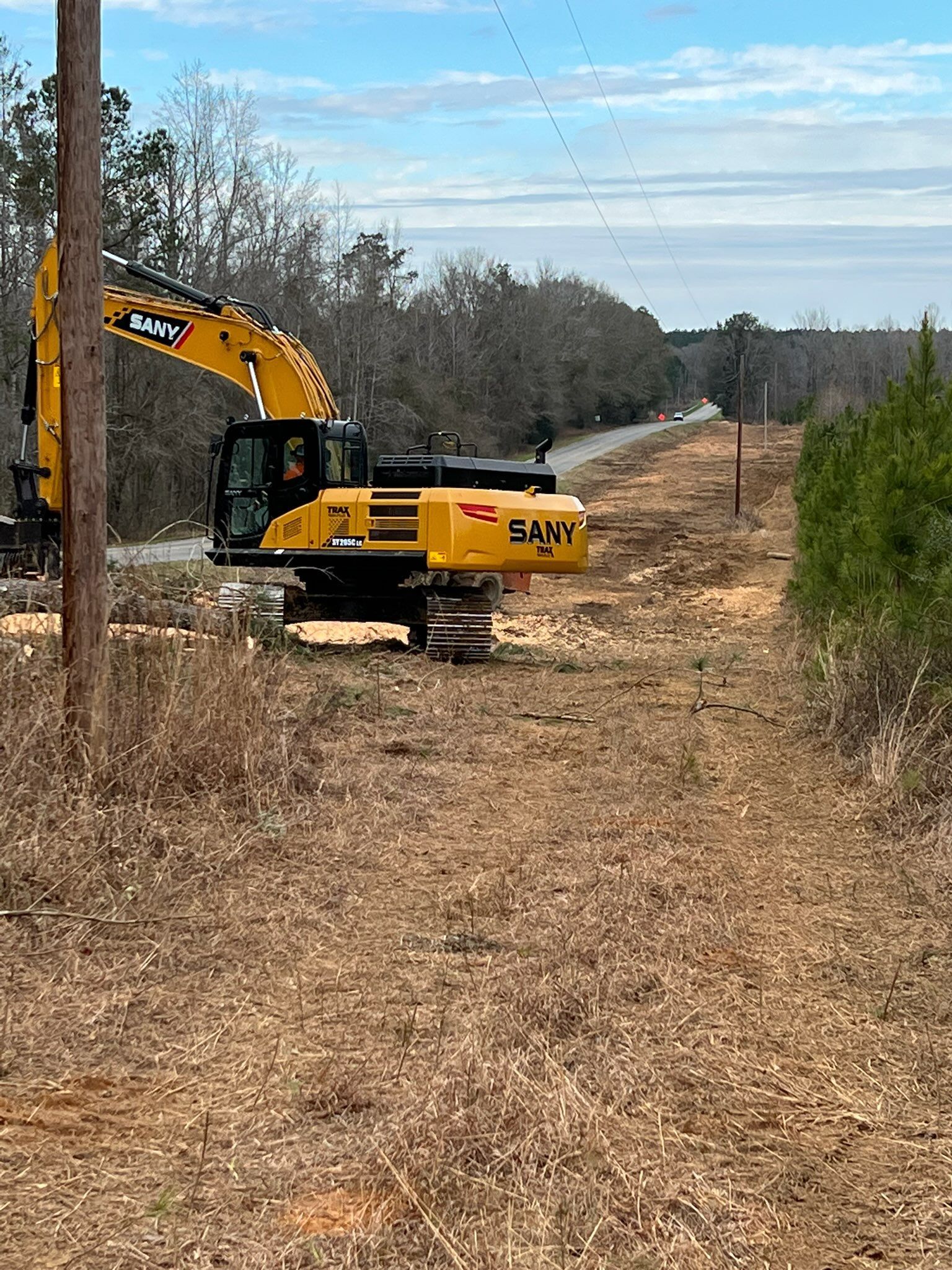 Yellow excavator clearing brush beside a dirt road in a wooded area under a blue sky