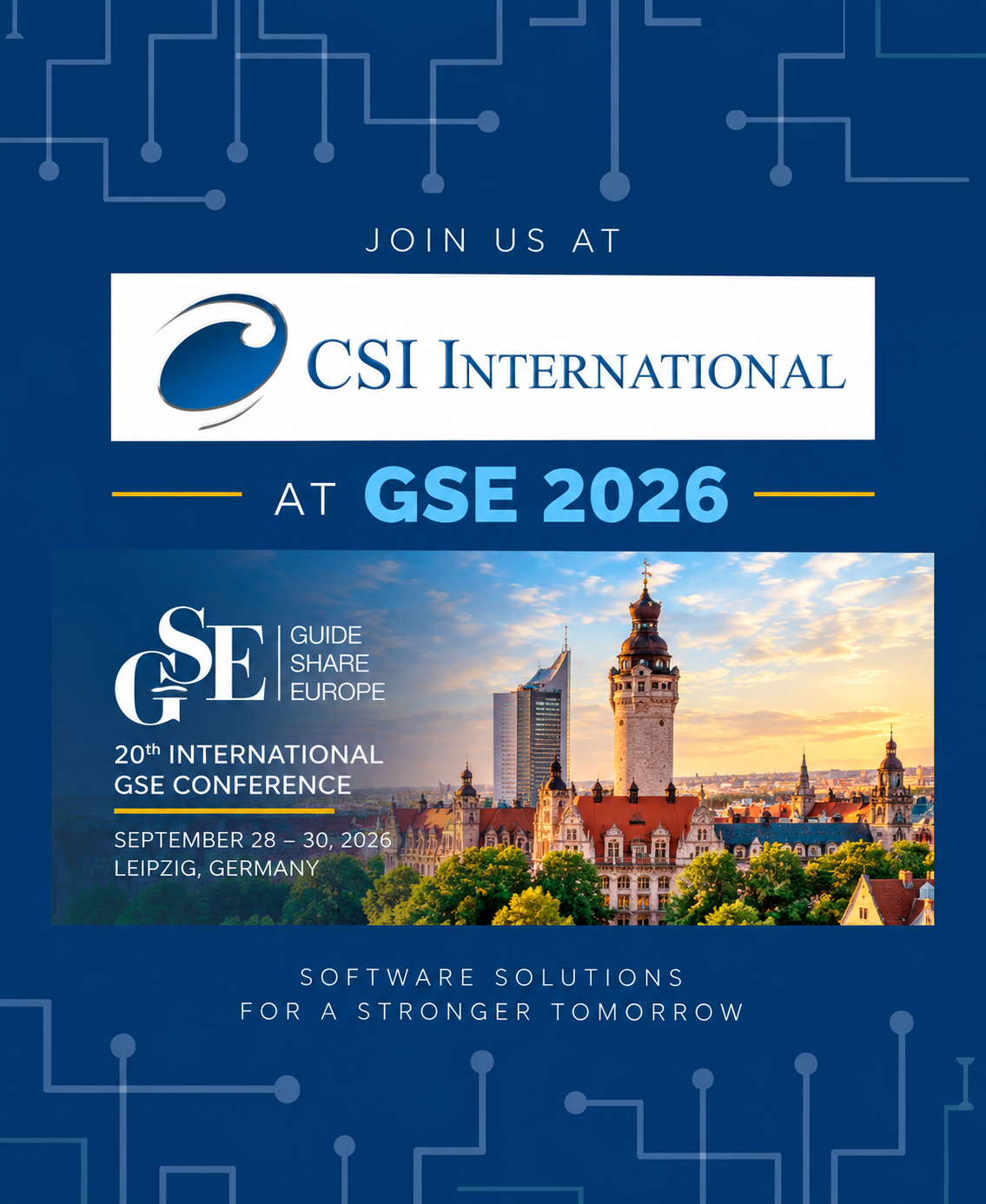 CSI International at GSE 2026 graphic featuring the Leipzig, Germany skyline. The image promotes mai