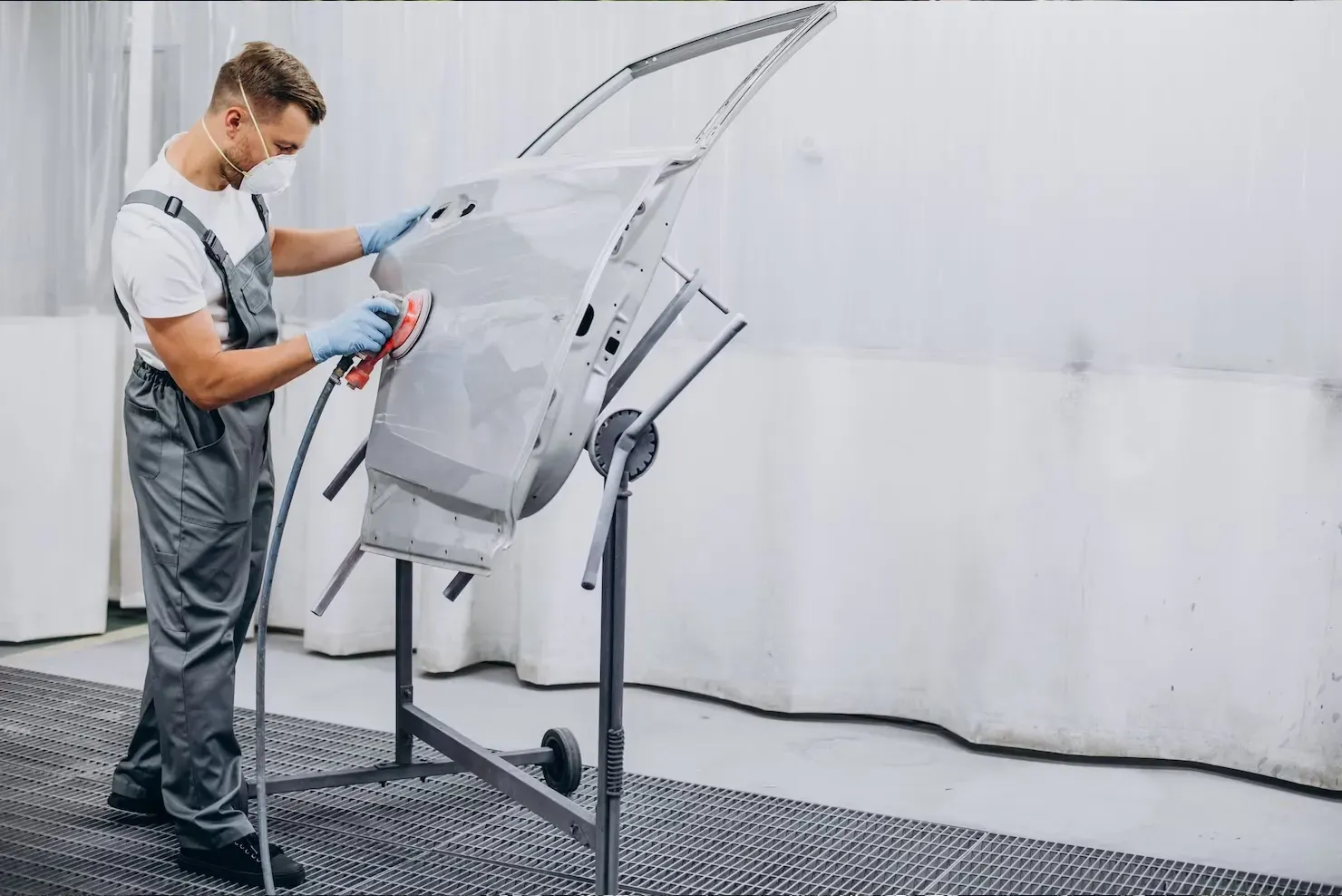 A mechanic in a grey shirt and blue pants works on the engine of a black car in an auto repair shop.