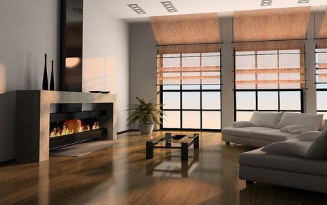 A living room with a fireplace and a couch