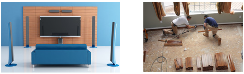 A picture of a television and a picture of a man installing a hardwood floor.