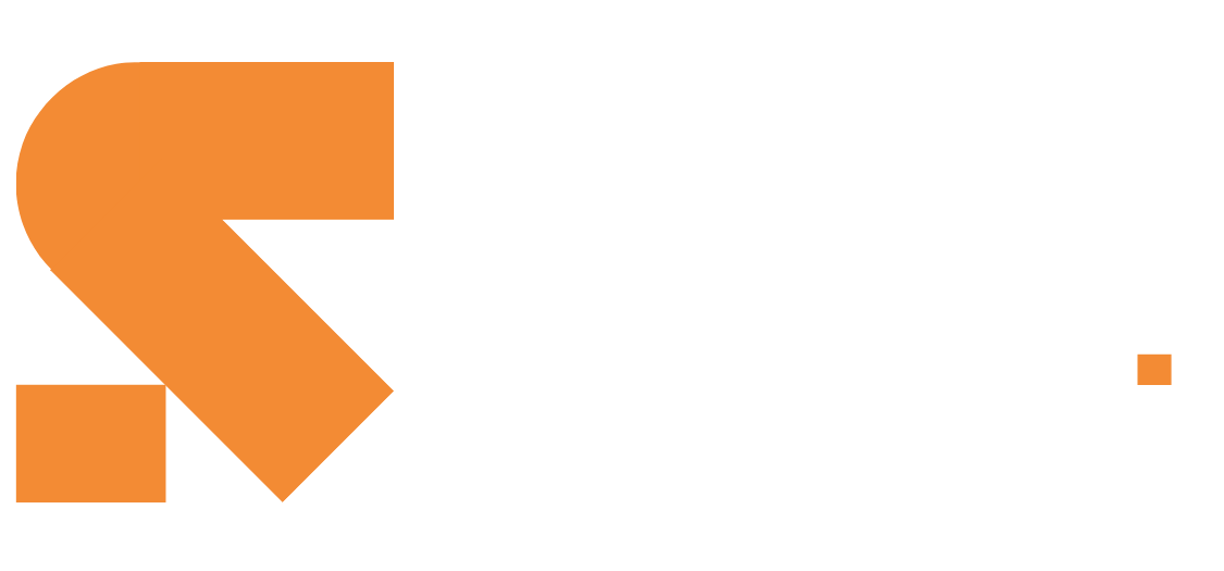 Orange abstract logo with a large stylized shape on the left and a small orange square on the right.