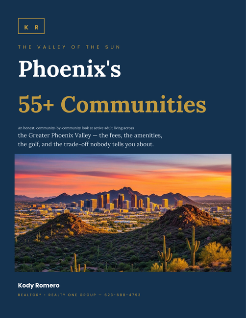 Phoenix 55+ communities brochure with pool, homes, amenities, and contact details
