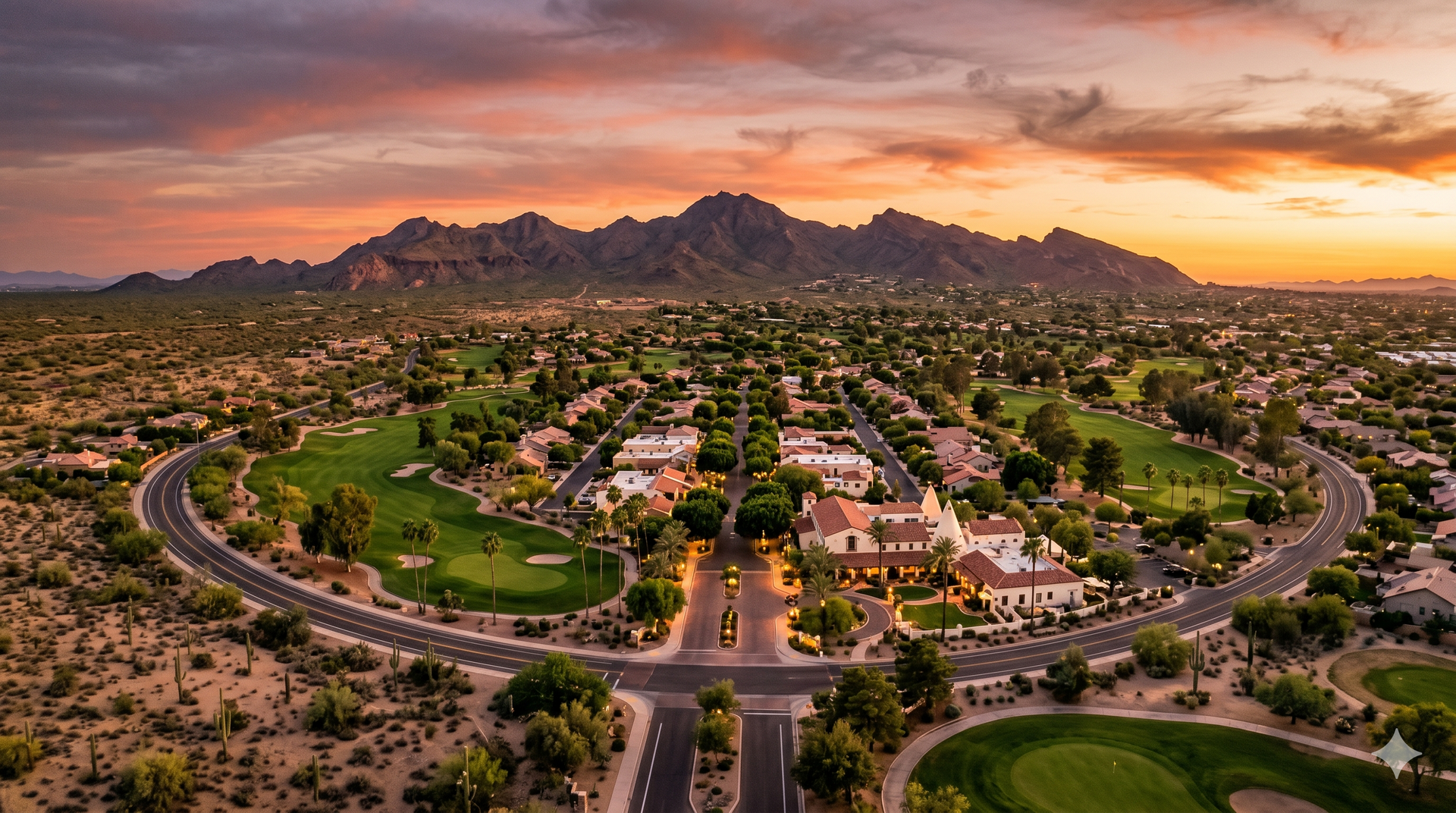 Aerial view of a suburban neighborhood with a circular road, green parks, and mountains at sunset.