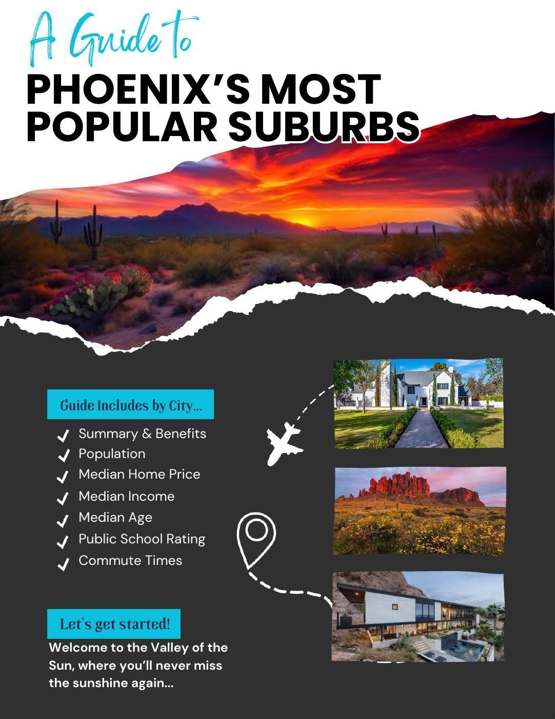 Infographic titled “A guide to Phoenix’s most popular suburbs” with sunset landscape and neighborhood photos