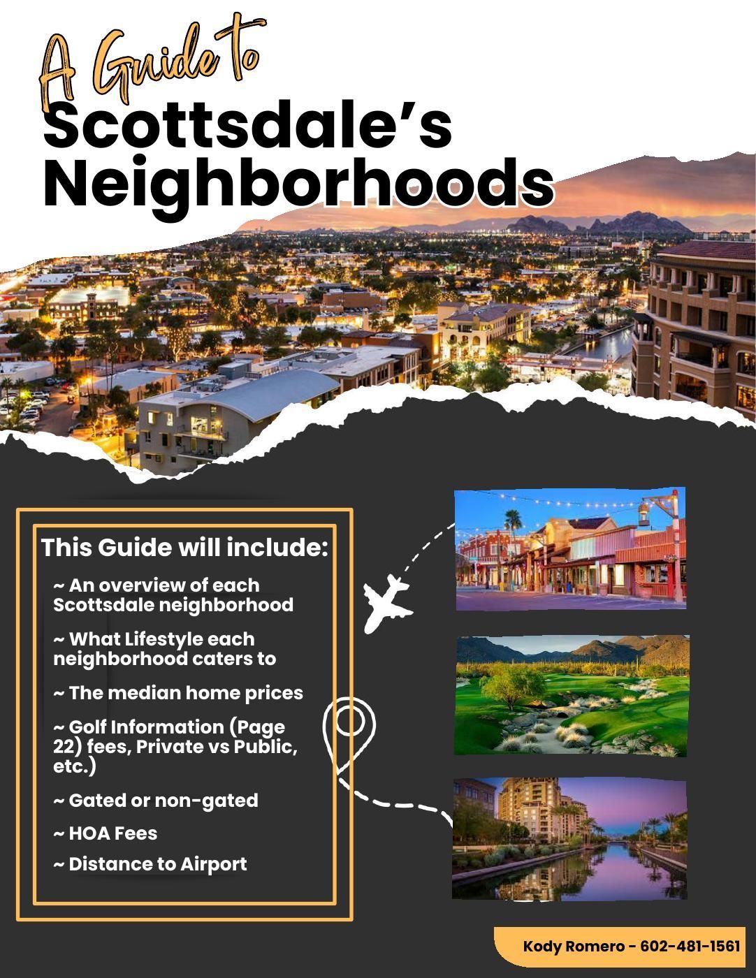 Scottsdale neighborhoods guide cover with city skyline, sunset mountains, and desert photos on a black layout