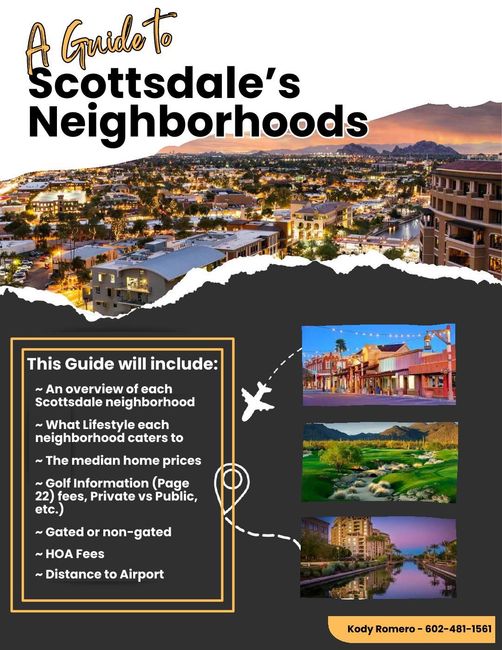 Scottsdale neighborhoods guide cover with sunset cityscape, colorful condo photos, and guide details on black background