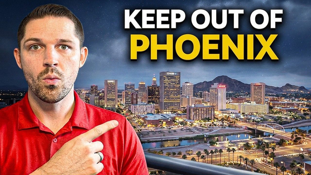 Man in red shirt pointing at Phoenix skyline with bold text: “KEEP OUT OF PHOENIX”
