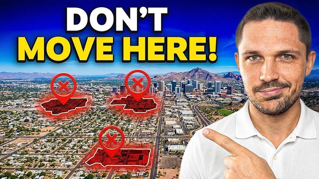 Bold text “DON’T MOVE HERE!” over city skyline with red marked housing areas and a man pointing at them