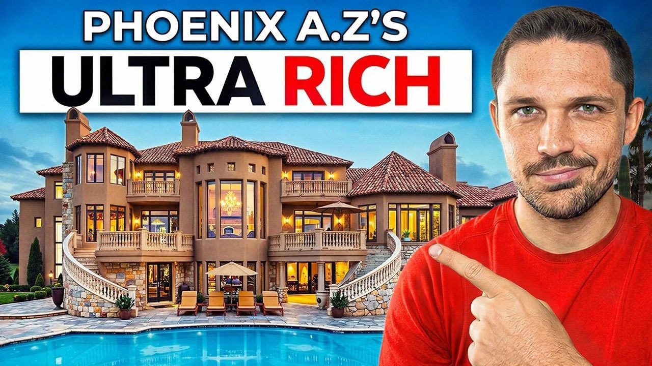 Phoenix A.Z.’s ultra-rich mansion with pool, beside a man in a red shirt pointing at it