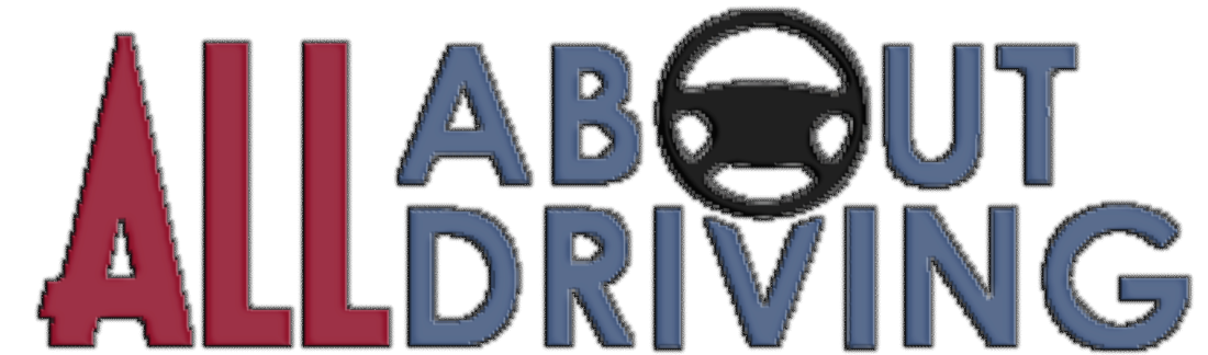A logo for all about all driving with a steering wheel in the middle.