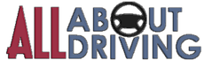 A logo for all about all driving with a steering wheel in the middle.