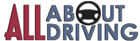 A logo for all about all driving with a steering wheel in the middle.