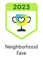 2023 Neighborhood Fave award badge with a trophy icon containing a heart shape, in shades of green and yellow.