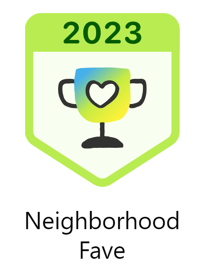 2023 Neighborhood Fave award badge with a trophy icon containing a heart shape, in shades of green and yellow.