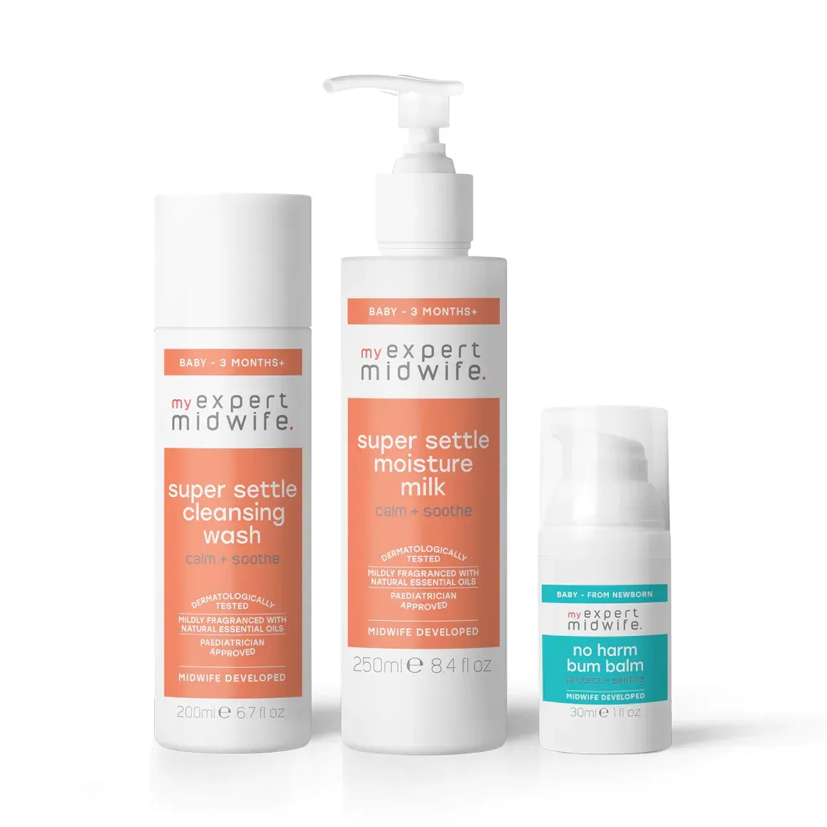 three bottles of expert midwife products are sitting next to each other on a white surface .
