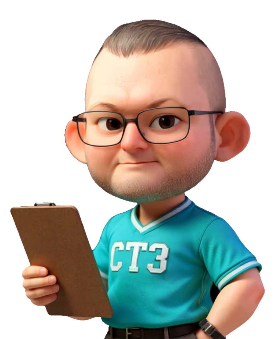 Cartoon coach with glasses, holding clipboard, wearing teal shirt with