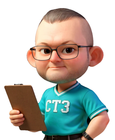 Cartoon coach with glasses, holding clipboard, wearing teal shirt with