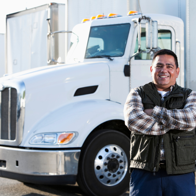 Smiling man in front of a white semi-truck, arms crossed. He is wearing a plaid shirt and vest.