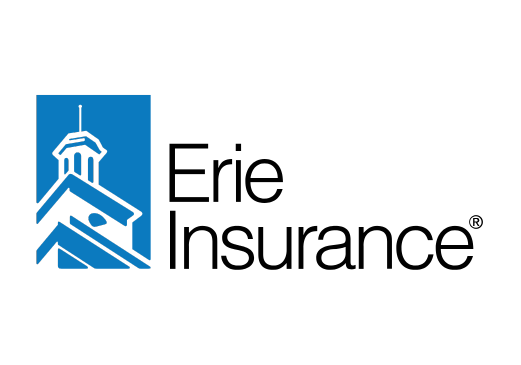 Erie Insurance logo with a blue square, house outline, and company name in black text.