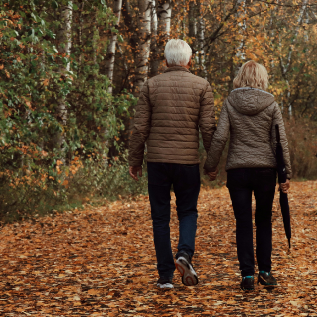 Couple holding hands, walking on a path in autumn woods. Brown jacket, trees, fallen leaves.