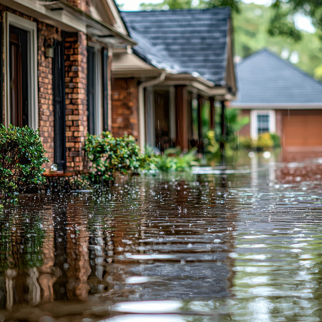 Flooded suburban homes. Brown brick, dark roof, water reflecting buildings and sky.