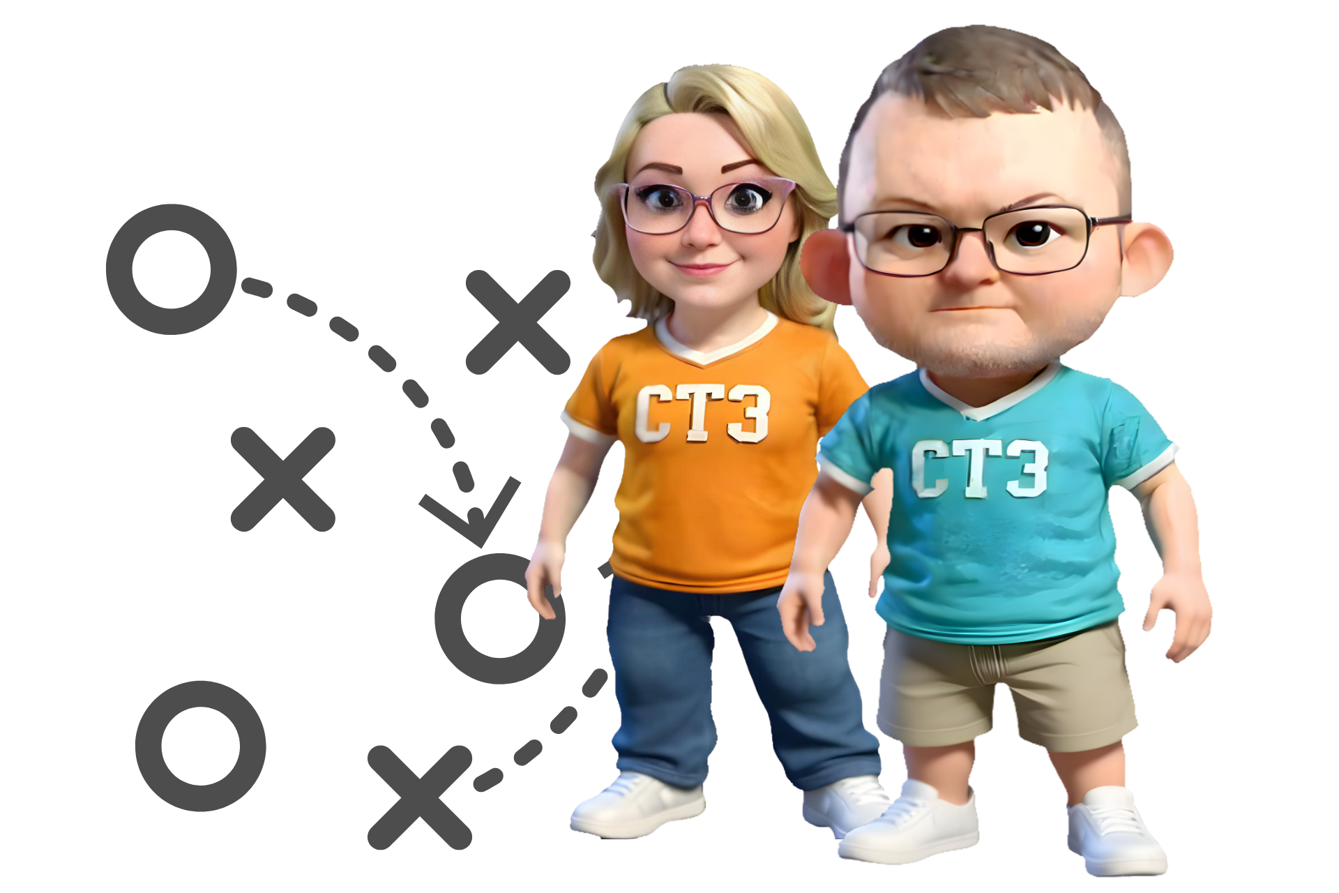 Cartoon figures with glasses and CT3 shirts next to an X's and O's play diagram.