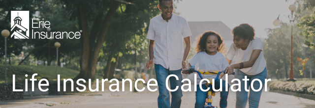 Family helping a child ride a bicycle on a sunny path, Erie Insurance logo, 