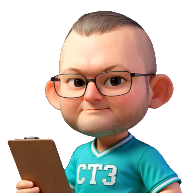 Cartoon man wearing glasses, holding a clipboard, wearing a blue shirt with 