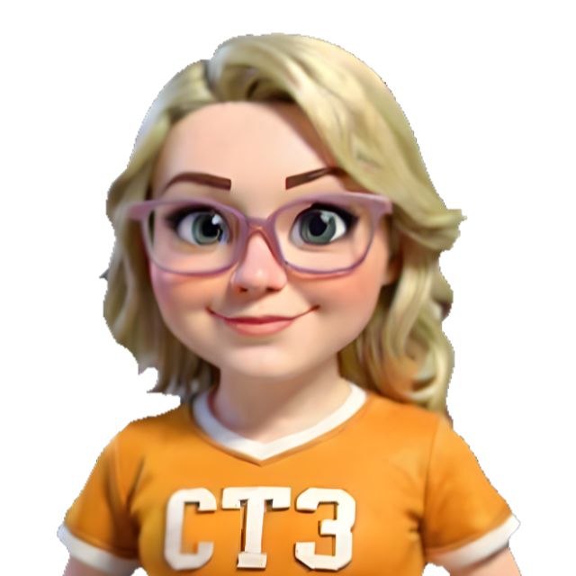 Blonde cartoon woman with glasses and an orange shirt.