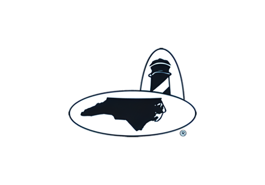 North Carolina outline with lighthouse, within oval and oblong shapes, blue on white.